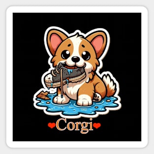 Cute Corgi Puppy In Puddle With Shoe Magnet